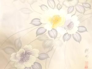 アンティーク　作家物　手描き　椿模様　刺繍　名古屋帯